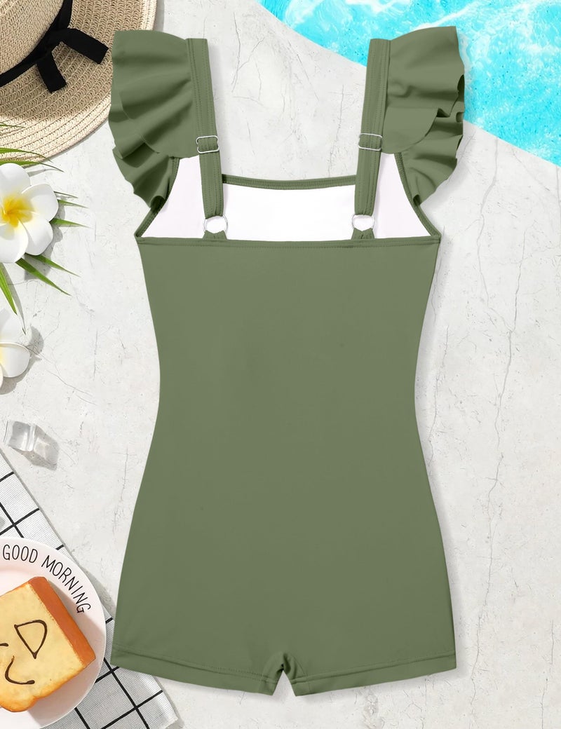 Aulyffo Teen Bathing Suits for Girls 12-14 Teen Swimsuits for Girl 12-14 One Piece Swimsuit Solid Bathing Suit Sleeveless Girls' Swimwear Green 13-14 Years - Image 5