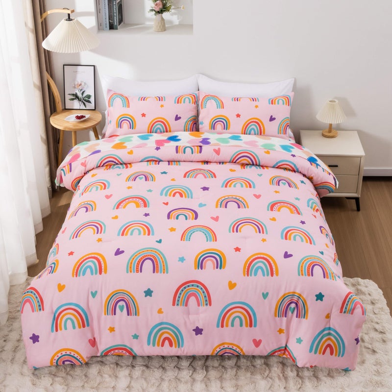 Btargot 5 Piece Blush Rainbow Comforter Set for Girls Boys Kids  Cartoon Suns and Stars Bedding Set  Bed in a Bag with Comforter  Sheets and Pillowcases Twin - Image 1