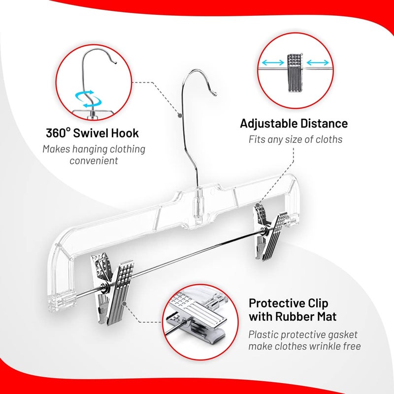 DEILSYâ„¢ Skirt Hanger Pants Hangers with Clips Hangers Shorts Hanger Clear Plastic Clothes Hangers with 2-Adjustable Clip Non-Slip Clothes Hangers Perfect for Pant, Pack of 12 - Image 3