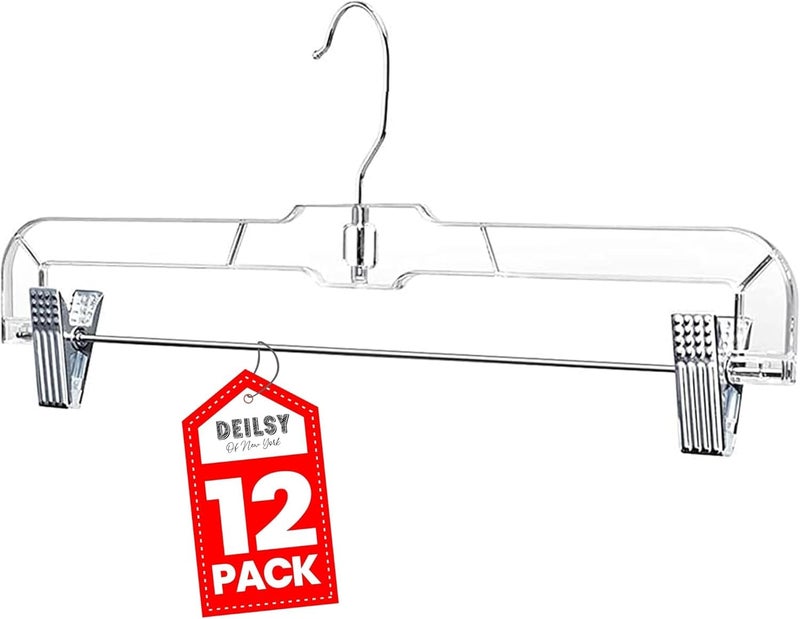 DEILSYâ„¢ Skirt Hanger Pants Hangers with Clips Hangers Shorts Hanger Clear Plastic Clothes Hangers with 2-Adjustable Clip Non-Slip Clothes Hangers Perfect for Pant, Pack of 12 - Image 1