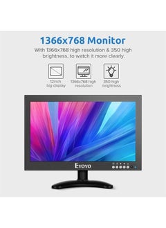 12'' inch Small HDMI CCTV Monitor, 1366x768 IPS Metal Housing LED Screen W/Wall Bracket&Remote Control with HDMI/VGA/AV/BNC Input Built-in Speakers for PC, Security Camera, Raspberry Pi