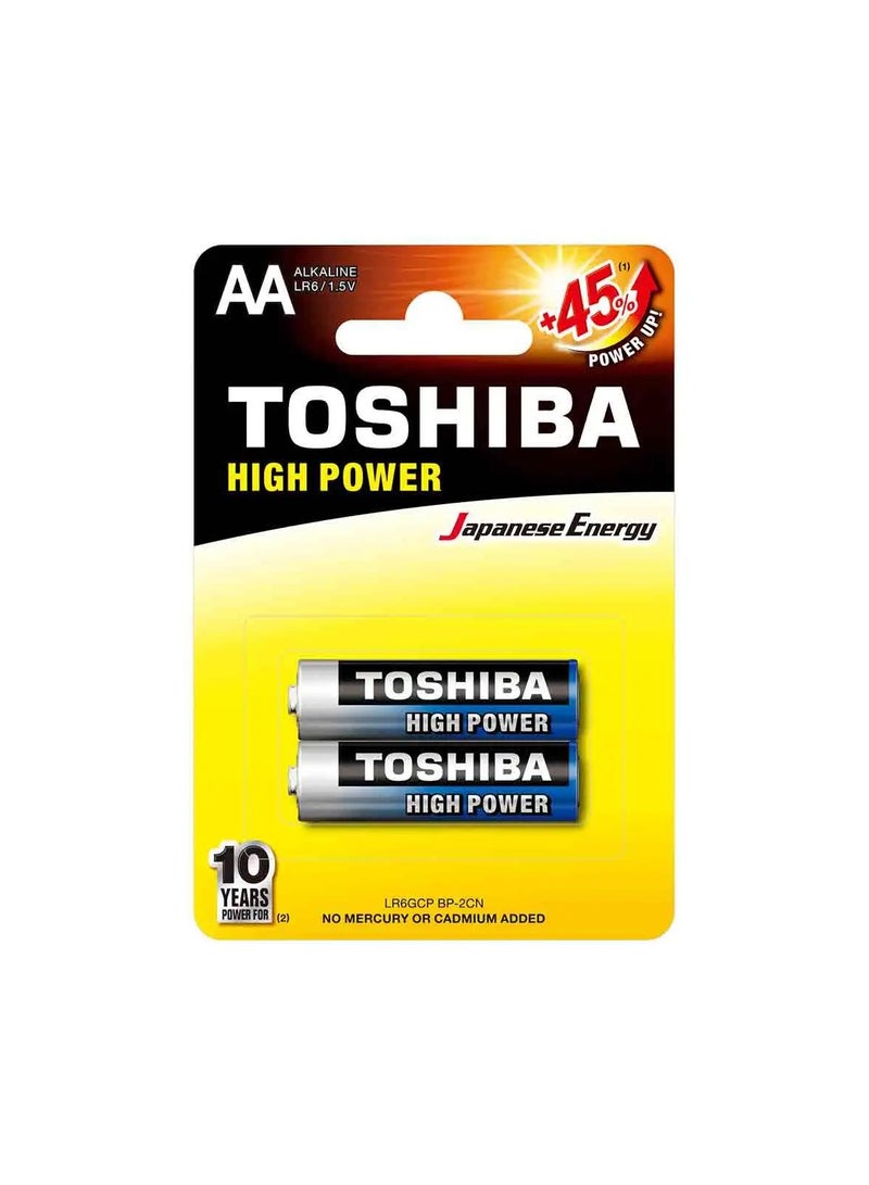 Toshiba High Power Alkaline Aa Lr6 1.5V, +45% Power Up Energy Pack Of 2 Pcs