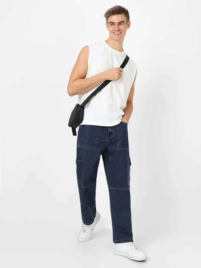 Urbano Fashion  Urbano Fashion Men's Blue Loose Baggy Fit Washed Cargo Jeans with 6 Pockets Non-Stretchable  | Best Price UAE