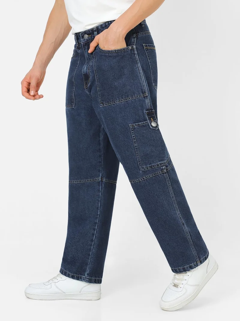 Urbano Fashion  Urbano Fashion Men's Blue Loose Baggy Fit Washed Cargo Jeans with 6 Pockets Non-Stretchable  | Best Price UAE