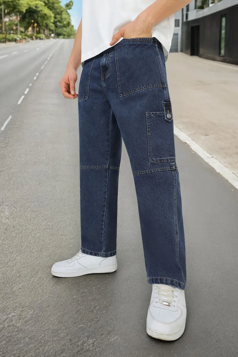 Urbano Fashion Men's Blue Loose Baggy Fit Washed Cargo Jeans with 6 Pockets Non-Stretchable