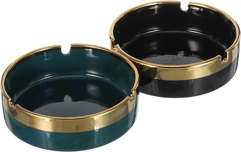 Ceramic Smoking Ashtray Set 2pcs, Vintage round Ceramic Ash Holder in Dark Green and Black, Portable Small Ashtray for Home, Office, Patio Decoration - Image 1