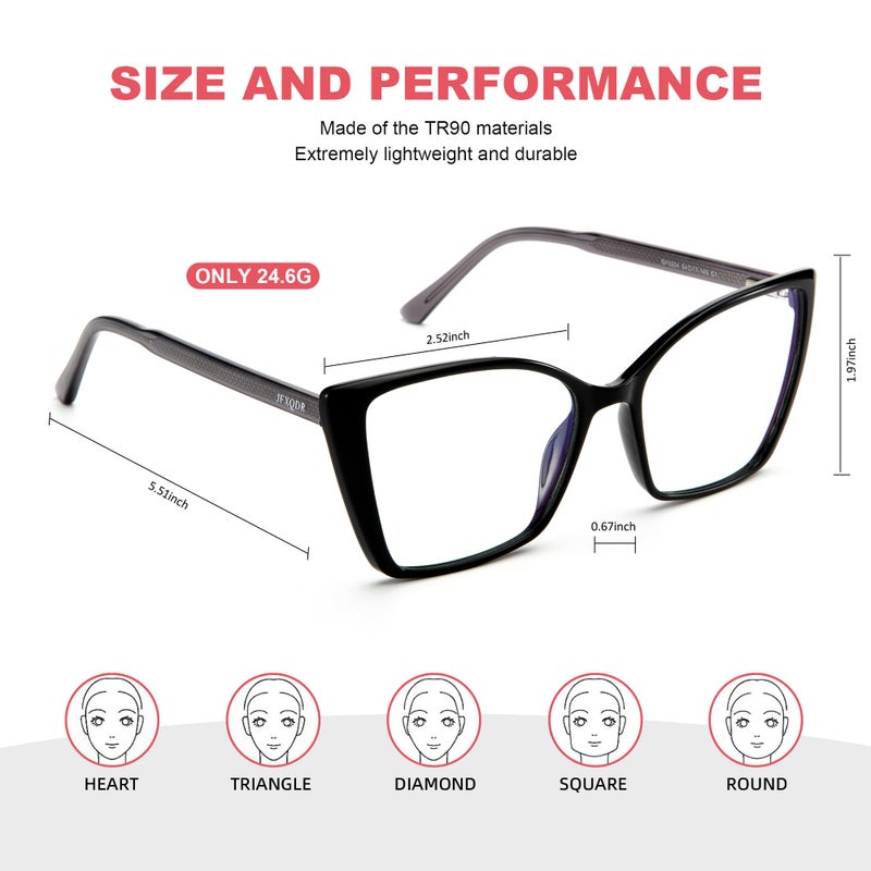 JFXQDR Women's Oversized Blue Light Blocking Glasses, Trendy Cat Eye Computer Gaming Eyeglasses Anti Eyestrain & UV Glare RF6204 (Black Cateye Frame) - Image 3