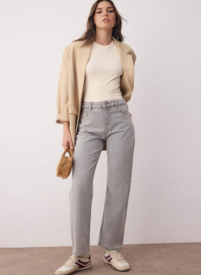 trendyol Gray High Waist Pipe Leg Straight Jeans - Image 1