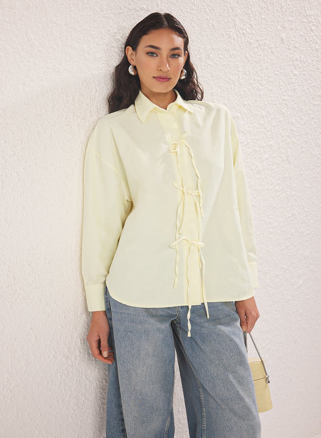trendyol Light Yellow Terrycotton Woven Tie Detail Shirt - Image 2