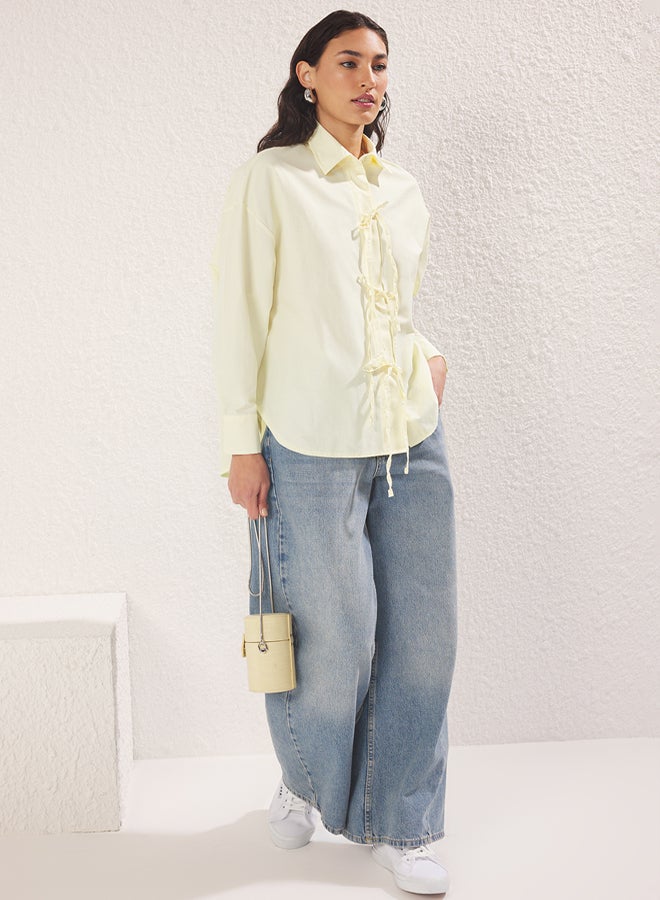 trendyol Light Yellow Terrycotton Woven Tie Detail Shirt - Image 1