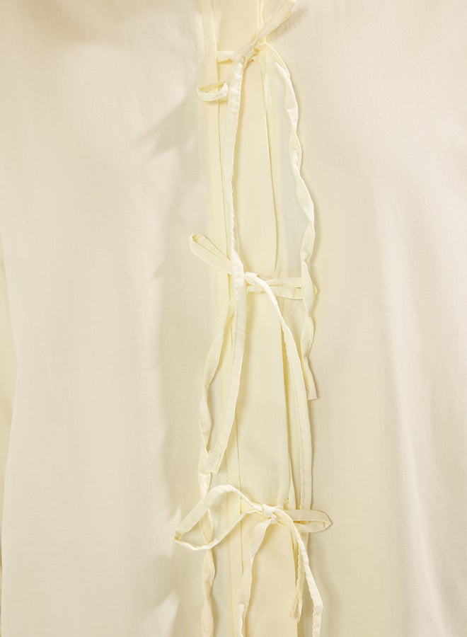 trendyol Light Yellow Terrycotton Woven Tie Detail Shirt - Image 3