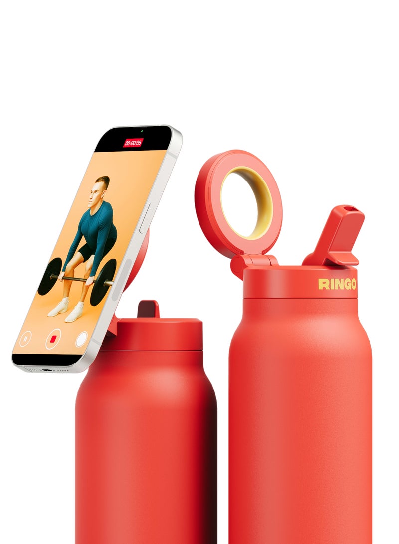 Ringo Pro Water Bottle with Sip Straw Lid | Stainless Steel Hydration Bottle w/ Integrated Magnetic Phone Mount, 12Hrs Hot/24Hrs Cold, BPA-Free, Works w/ Phones & Tablets - Orange 24Oz / 710ml - Image 5