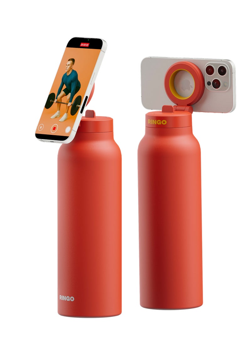 Ringo Pro Water Bottle with Sip Straw Lid | Stainless Steel Hydration Bottle w/ Integrated Magnetic Phone Mount, 12Hrs Hot/24Hrs Cold, BPA-Free, Works w/ Phones & Tablets - Orange 24Oz / 710ml - Image 3