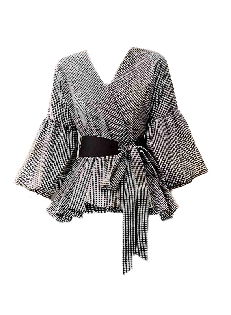 بلوزة من قماش قطني معا حزام اسود  لون أسود وأبيض مقاس واحد - Image 1