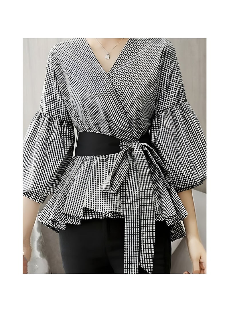 بلوزة من قماش قطني معا حزام اسود  لون أسود وأبيض مقاس واحد - Image 2