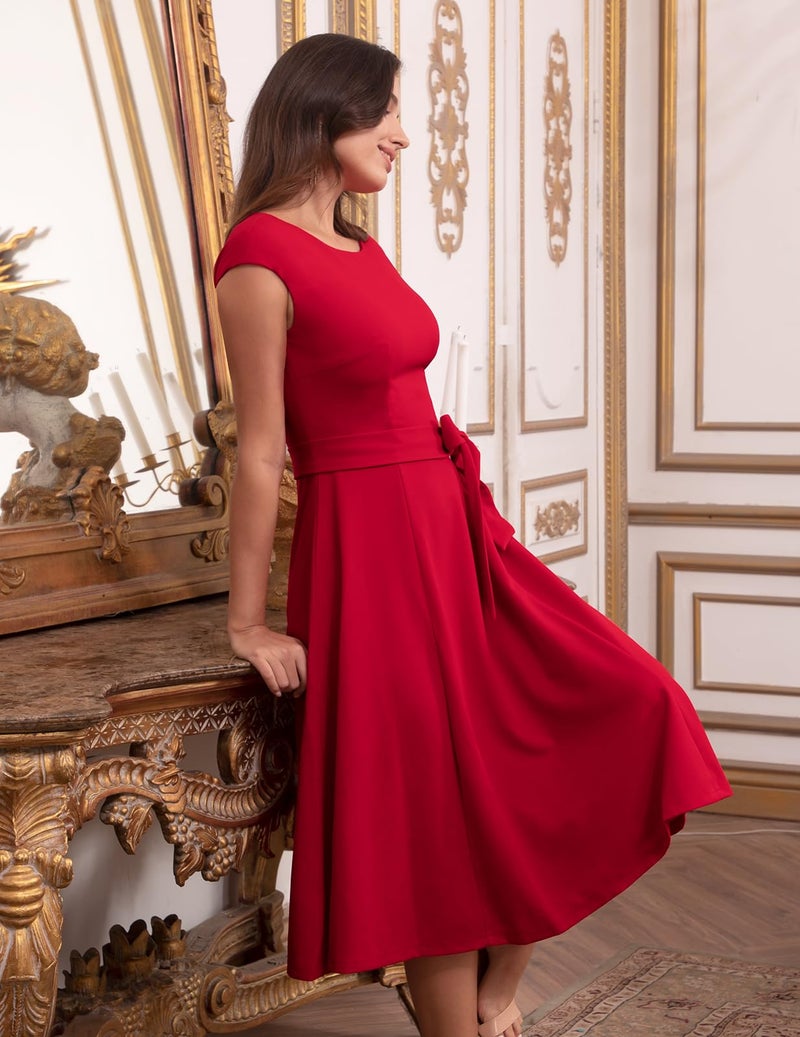 DRESSTELLS Cocktail Dress, Modest Formal Wedding Guest Dresses for Women, Vintage Tea Party Church Dress 2024, Summer Fit and Flare Homecoming Dress Red XL - Image 4