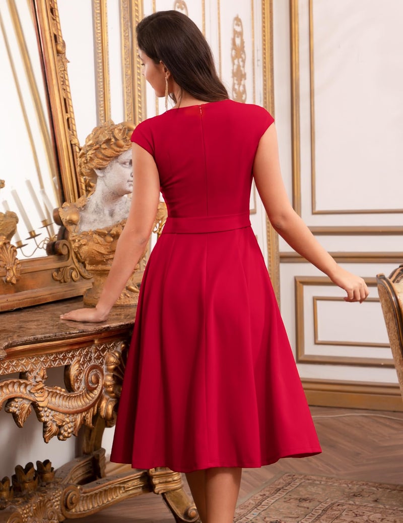 DRESSTELLS Cocktail Dress, Modest Formal Wedding Guest Dresses for Women, Vintage Tea Party Church Dress 2024, Summer Fit and Flare Homecoming Dress Red XL - Image 3