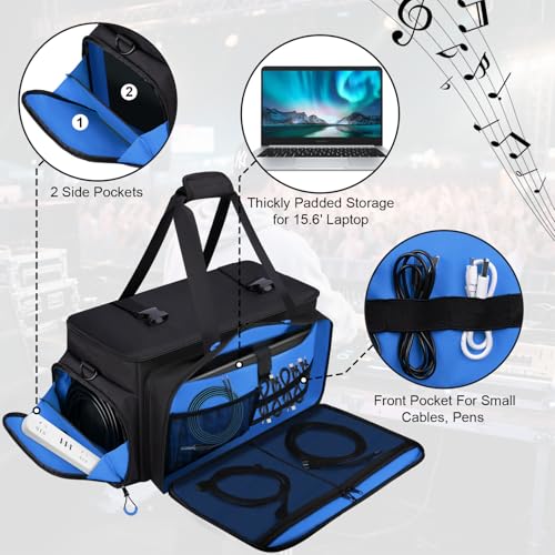 Wigojoy Large Dj Cable Bag with Laptop and Microphone Pocket, Dj Bag for Equipment and Music Accessories with Detachable Dividers, Bottom Pad, Dj Gig Bags for Musicians, Professional, Travel, Blue - Image 3