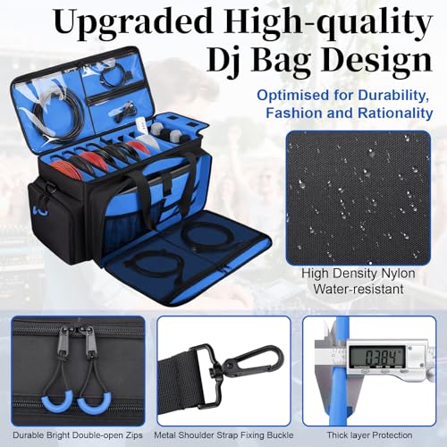 Wigojoy Large Dj Cable Bag with Laptop and Microphone Pocket, Dj Bag for Equipment and Music Accessories with Detachable Dividers, Bottom Pad, Dj Gig Bags for Musicians, Professional, Travel, Blue - Image 5
