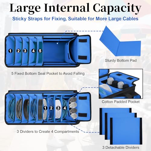 Wigojoy Large Dj Cable Bag with Laptop and Microphone Pocket, Dj Bag for Equipment and Music Accessories with Detachable Dividers, Bottom Pad, Dj Gig Bags for Musicians, Professional, Travel, Blue - Image 2
