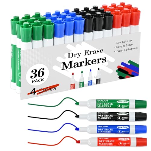 SUQJOY Dry Erase Markers, BulletTip Whiteboard Markers, Low Odor Thick Dry Markers, 36 Bulk 4 Assorted Color Marker for Whiteboard, Classroom, Office & Home - Image 1