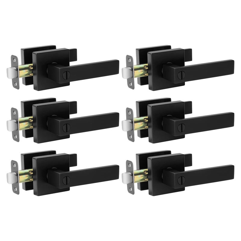 AIKKIL Matte Black Door Handle Interior Knob Keyless Levers Set (6 Pack), Heavy Duty Privacy Lock for Bedroom or Bathroom, Reversible for Left Right Sided Doors - Image 1
