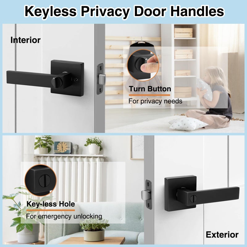AIKKIL Matte Black Door Handle Interior Knob Keyless Levers Set (6 Pack), Heavy Duty Privacy Lock for Bedroom or Bathroom, Reversible for Left Right Sided Doors - Image 2