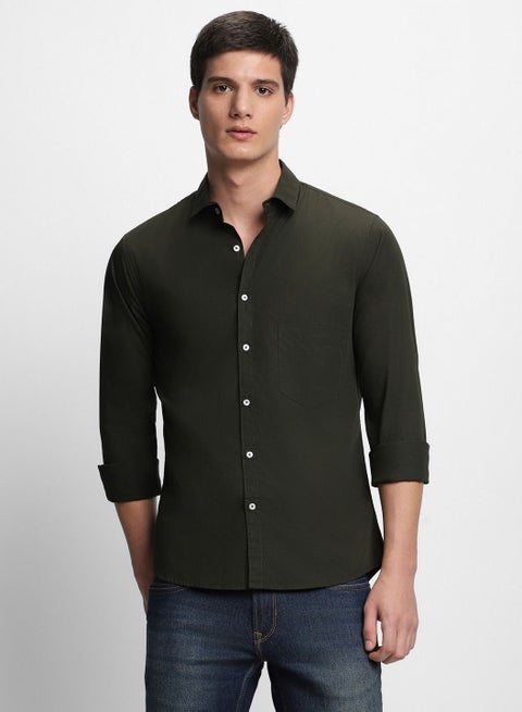 Men's Slim Fit Olive Green Casual Cotton Spread Shirt