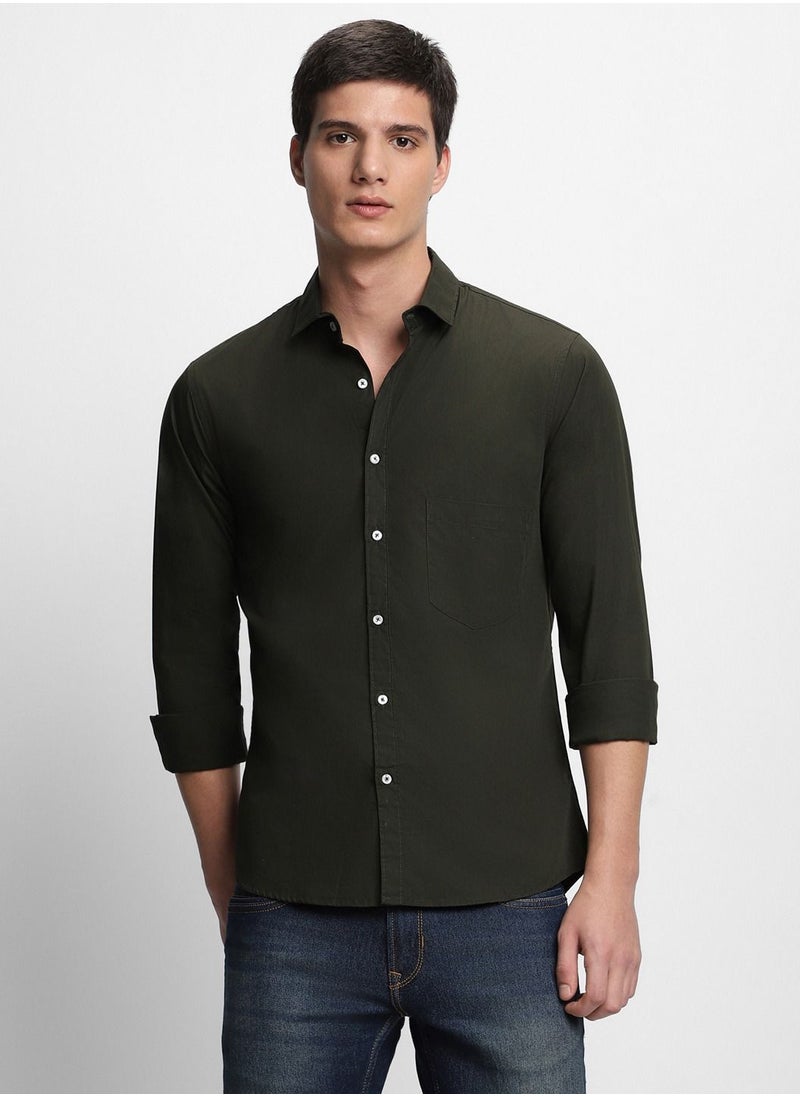 Dennis Lingo Men's Cotton Olive Green Solid Casual Shirt (C301_Olive_S)  - Image 1