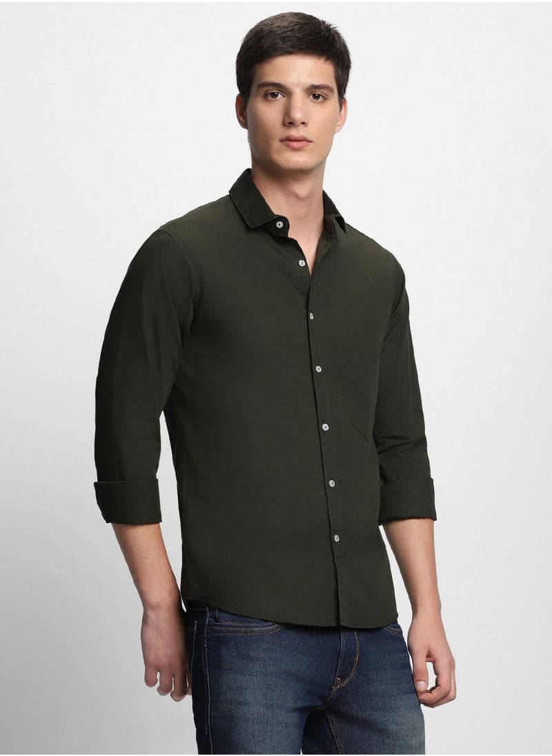 Dennis Lingo Men's Cotton Olive Green Solid Casual Shirt (C301_Olive_S)  - Image 3