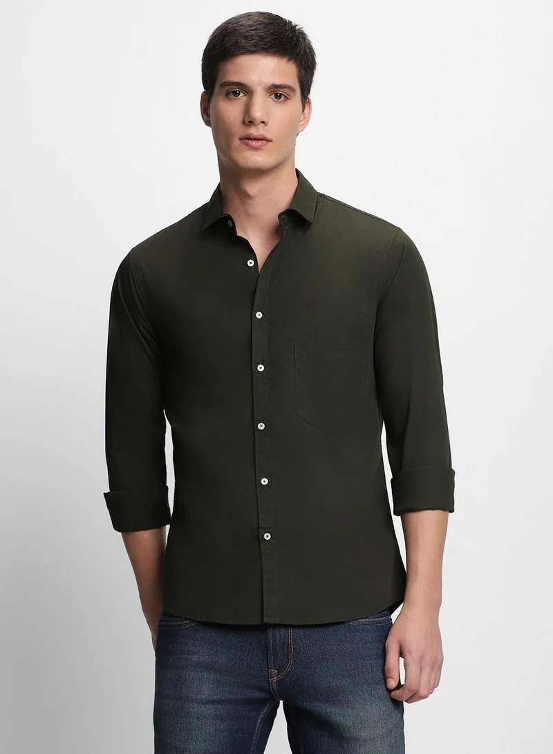 دينيس لينغو قميص رجالي قطني كاجوال بقصة ضيقة ولون زيتوني