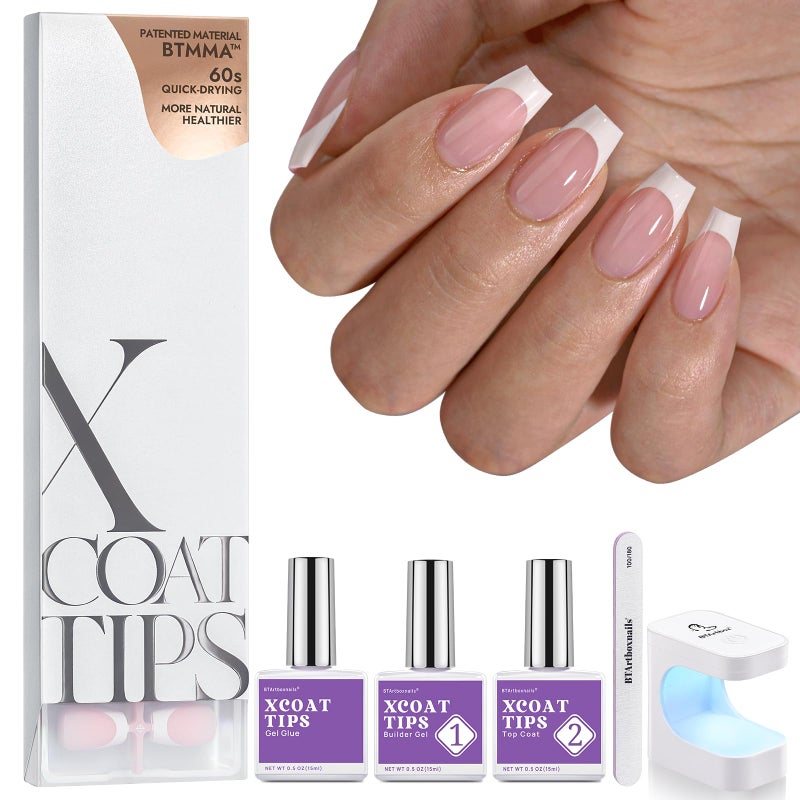BTArtboxnails XCOATTIPS French Gel Nails  Short Coffin Nails Tips with Nail Gel Nail Protecing Duo Nail Lamp All in One Soft Gel French Tip Press on Nails Gel Extension Pink