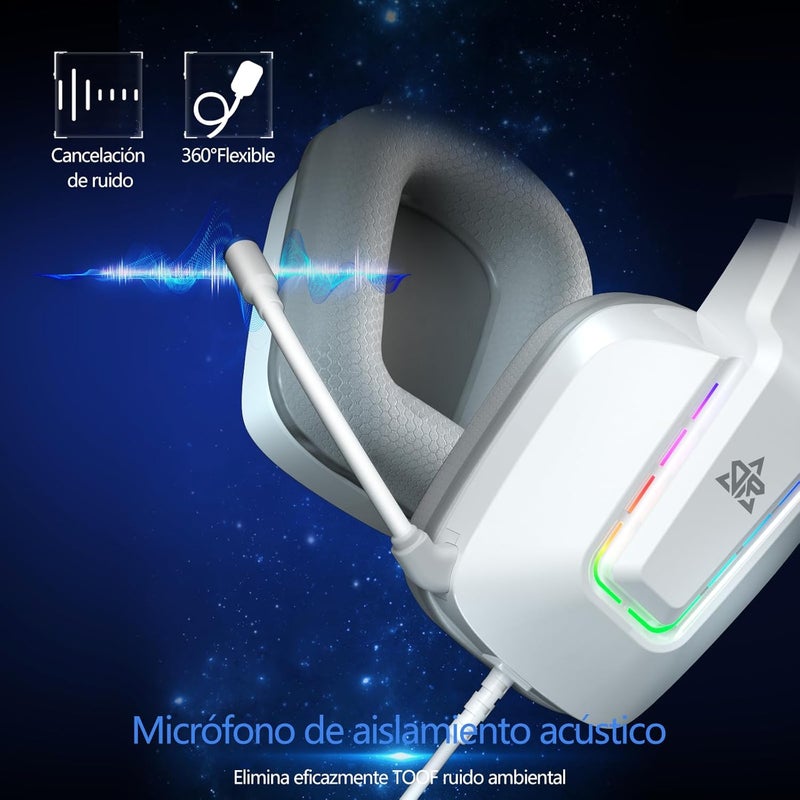 OMIRE PC Gaming Headset,USB Wired Headphones with 7.1Surround Sound,RGB Light,50MM Drivers,3D Spatial Audio with Mic Noise Cancelling For PC,PS4, PS5,Laptop,(Not compatible with Xbox)-RB-C8 PRO-White - Image 3