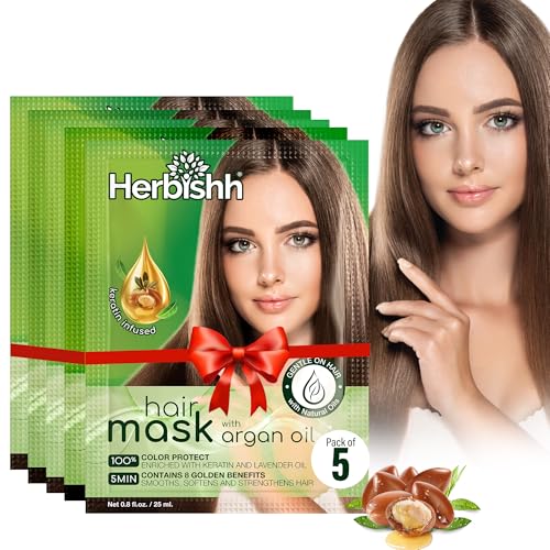Herbishh Argan Hair Mask Deep Conditioning Hydration 25ml x 5 Pouches for Healthier Nourished Hair No Sulphates No Parabens TravelFriendly Pack - Image 1