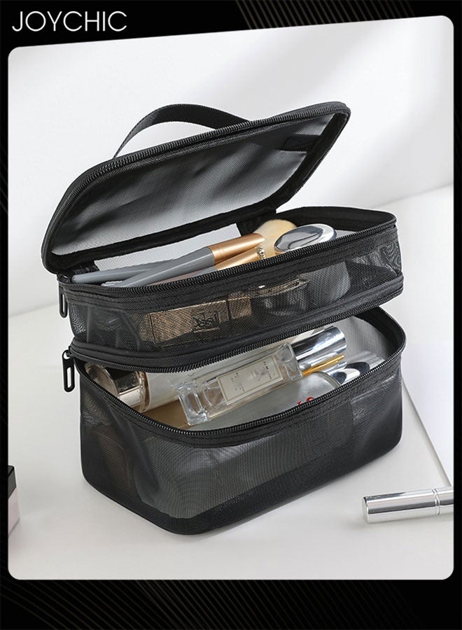 Joychic Double Layer Travel Makeup Bag , Mesh Cosmetic Bag , Large Toiletry Bag for Women Makeup Bag Organizer with Handle - Image 4