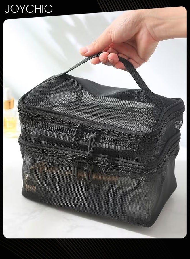 Joychic Double Layer Travel Makeup Bag , Mesh Cosmetic Bag , Large Toiletry Bag for Women Makeup Bag Organizer with Handle - Image 2