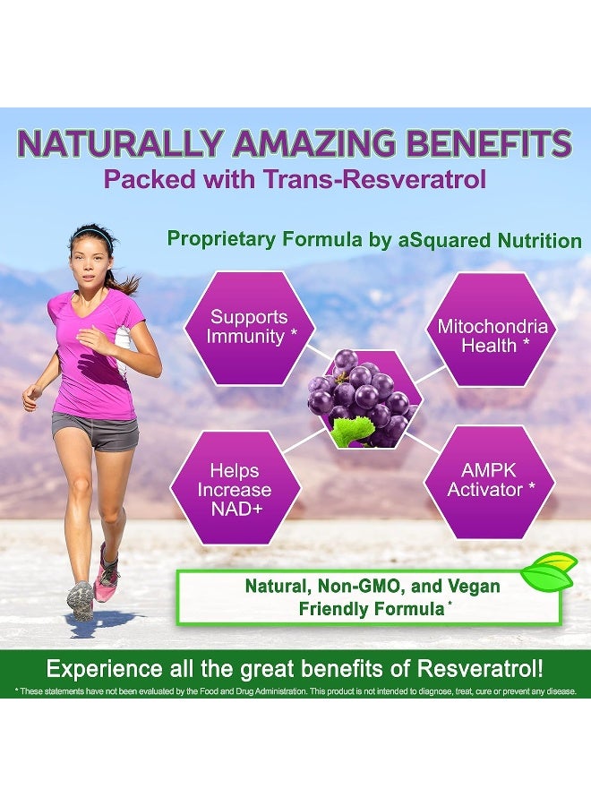 aSquared Nutrition Natural Resveratrol with Red Wine Extract - 180 Capsules - Trans Resveratrol Antioxidant Supplement Pills for Pure Heart Health - Extra Strength Trans-Resveratrol - Image 3