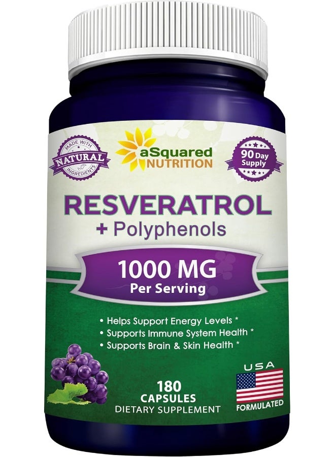 aSquared Nutrition Natural Resveratrol with Red Wine Extract - 180 Capsules - Trans Resveratrol Antioxidant Supplement Pills for Pure Heart Health - Extra Strength Trans-Resveratrol - Image 1