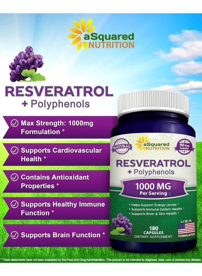 aSquared Nutrition Natural Resveratrol with Red Wine Extract - 180 Capsules - Trans Resveratrol Antioxidant Supplement Pills for Pure Heart Health - Extra Strength Trans-Resveratrol - Image 2