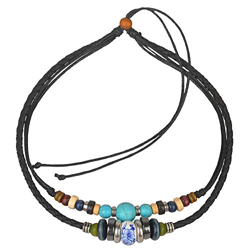 Ancient Tribe Boho Layered Leather Choker Necklace with Turquoise and Ceramic Beads – Adjustable Double Cord Jewelry for Men and Women - Image 2