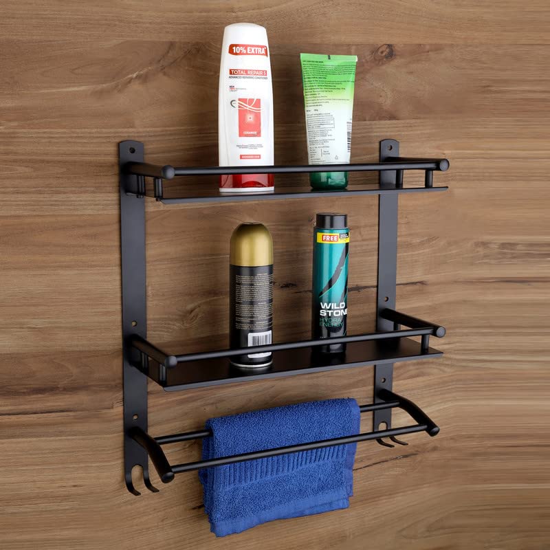LivesUp Stainless Steel Black Finish Double Layer Shelf with Towel Road Racks Multipurpose Wall Mount Bath Shelf Organizer Washroom ShelfRacks and ShelvesBathroom Accessories and Fittings - Image 1