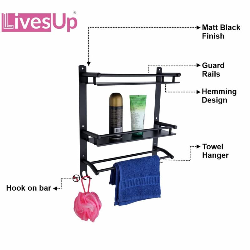 LivesUp Stainless Steel Black Finish Double Layer Shelf with Towel Road Racks Multipurpose Wall Mount Bath Shelf Organizer Washroom ShelfRacks and ShelvesBathroom Accessories and Fittings - Image 4