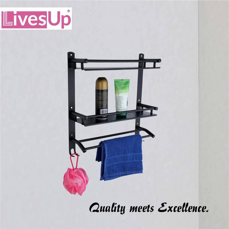 LivesUp Stainless Steel Black Finish Double Layer Shelf with Towel Road Racks Multipurpose Wall Mount Bath Shelf Organizer Washroom ShelfRacks and ShelvesBathroom Accessories and Fittings - Image 3