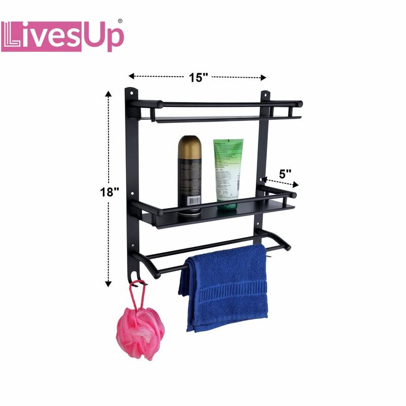 LivesUp Stainless Steel Black Finish Double Layer Shelf with Towel Road Racks Multipurpose Wall Mount Bath Shelf Organizer Washroom ShelfRacks and ShelvesBathroom Accessories and Fittings - Image 2