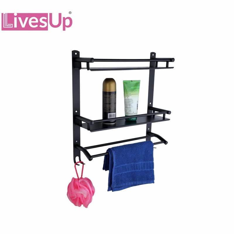 LivesUp Stainless Steel Black Finish Double Layer Shelf with Towel Road Racks Multipurpose Wall Mount Bath Shelf Organizer Washroom ShelfRacks and ShelvesBathroom Accessories and Fittings - Image 5