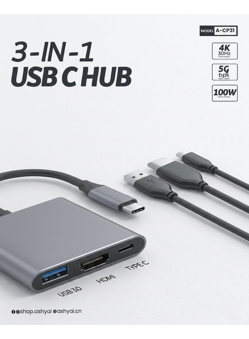 Ashyai 3-in-1 USB-C Multiport Hub – Powerful, Compact & Reliable Connectivity