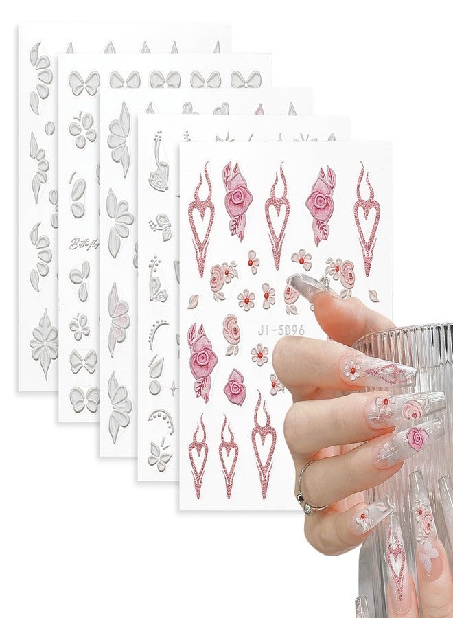 NICENEEDED 5D Embossed Flowers Nail Stickers, 5 Sheets Spring Floral Nail Art Supplies, Self-Adhesive Manicure Art Design, Floral Manicure Decals Accessories for Women - Image 1