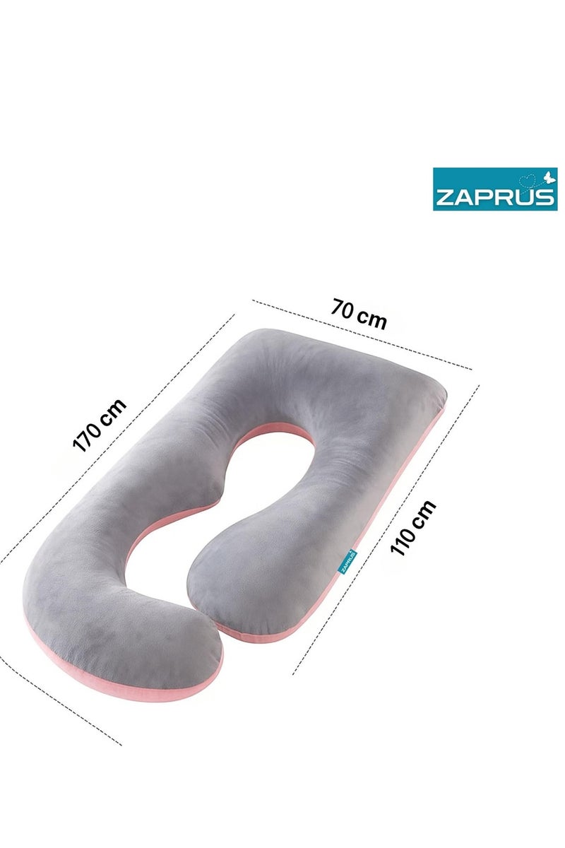 زابروس وسادة الحمل على شكل حرف U من ZAPRUS للنوم - وسادة كاملة للجسم مع غطاء قابل للإزالة والغسل - دعم للظهر والبطن والوركين والساقين - حشوة قطنية ناعمة - وسادة حمل للنساء الحوامل والنائمات على الجانب - لون رمادي. - Image 4