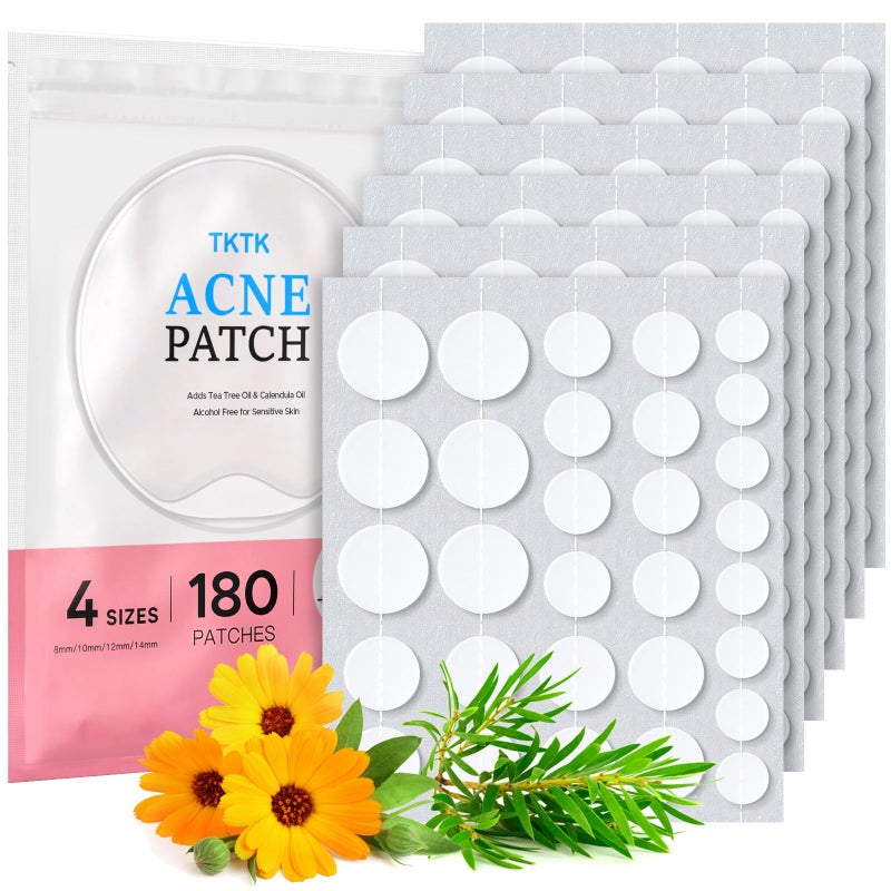 TKTK Hydrocolloid Acne Patches, Pimple Patches for Face with Tea Tree & Calendula Oil - 4 Sizes Clear Cover Stickers, Invisible for Day & Night Use (180 Count) - Image 1