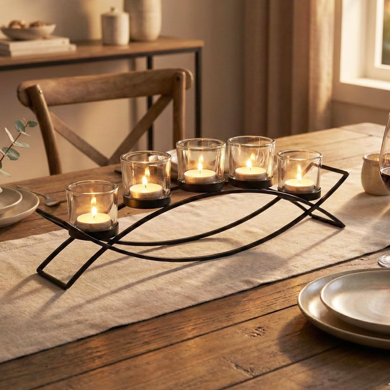 Seraphic Iron Arch Table Centerpiece Decorations Long Candle Holder for Christmas, Weddings, Patio, Kitchen, Dining Room, and Coffee Tables, Black, Red Chunky 5 Cups - Image 2